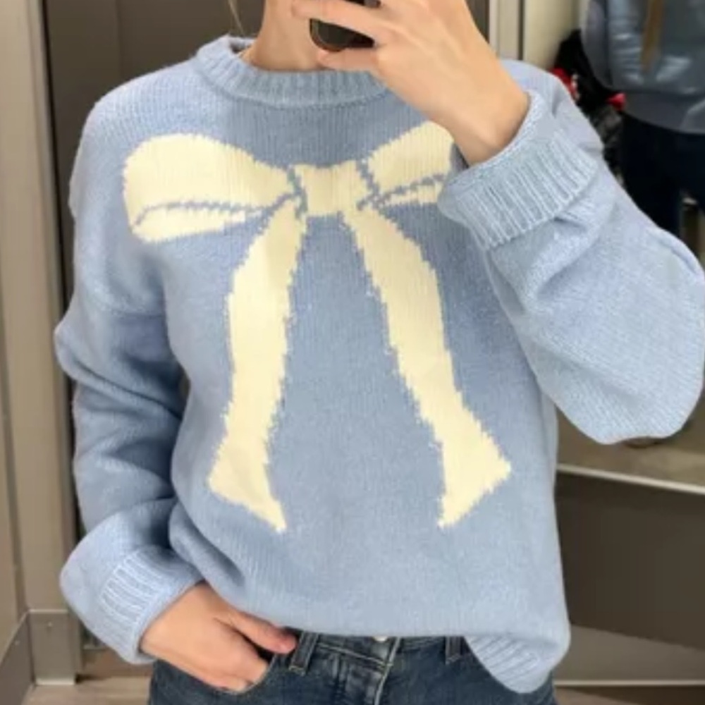 a new day Light Blue Crewneck Sweater with Cream Bow